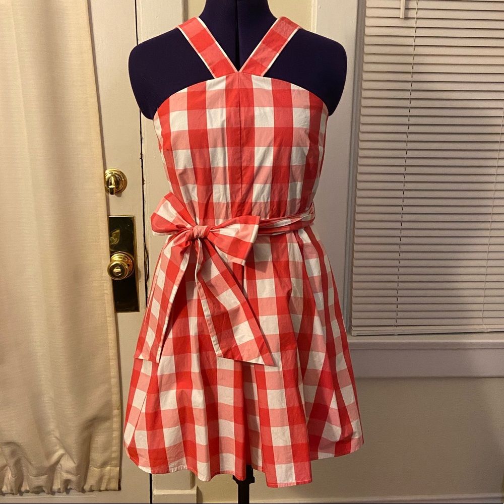 HAS POCKETS Draper James 4 Red Pink Gingham Cotton Dress fit flare midi sundress